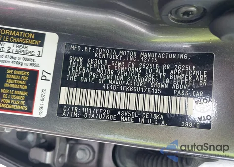 2016 Toyota Camry Se z USA, uszkodzony, nr VIN 4T1BF1FK6GU176135